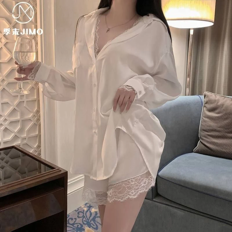 男友风衬衫性感纯欲蕾丝睡衣冰丝衬衫裙家居服套装女812