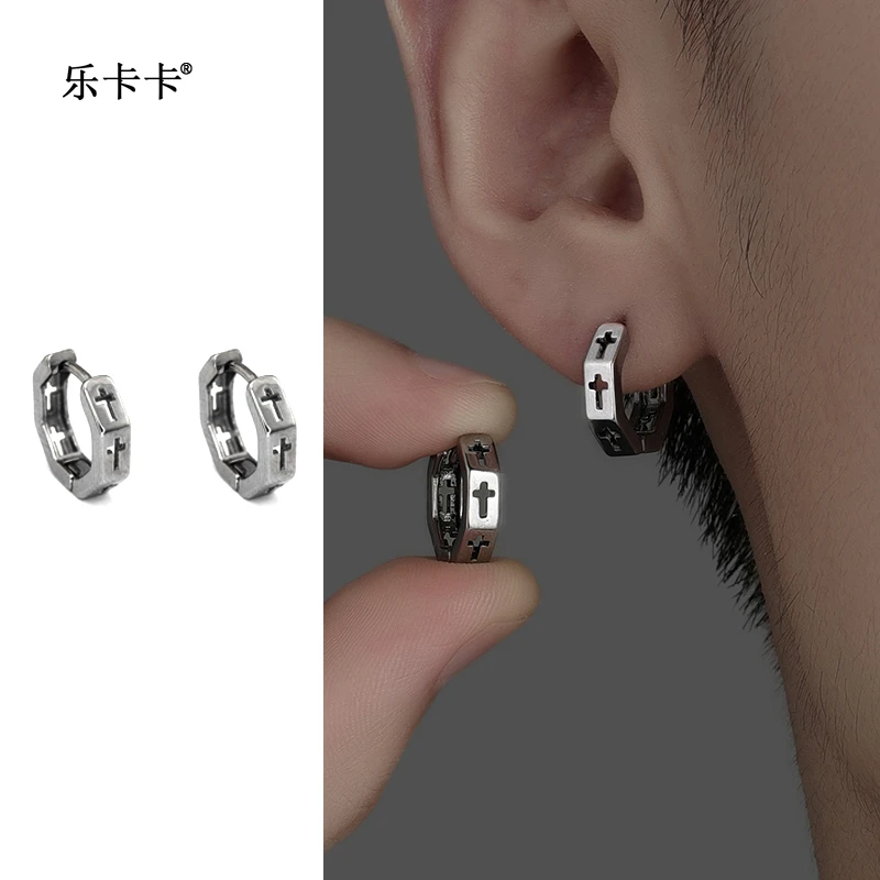 钛钢耳饰 个性高街耳钉耳环耳饰男女钛钢六边形镂空十字架嘻哈