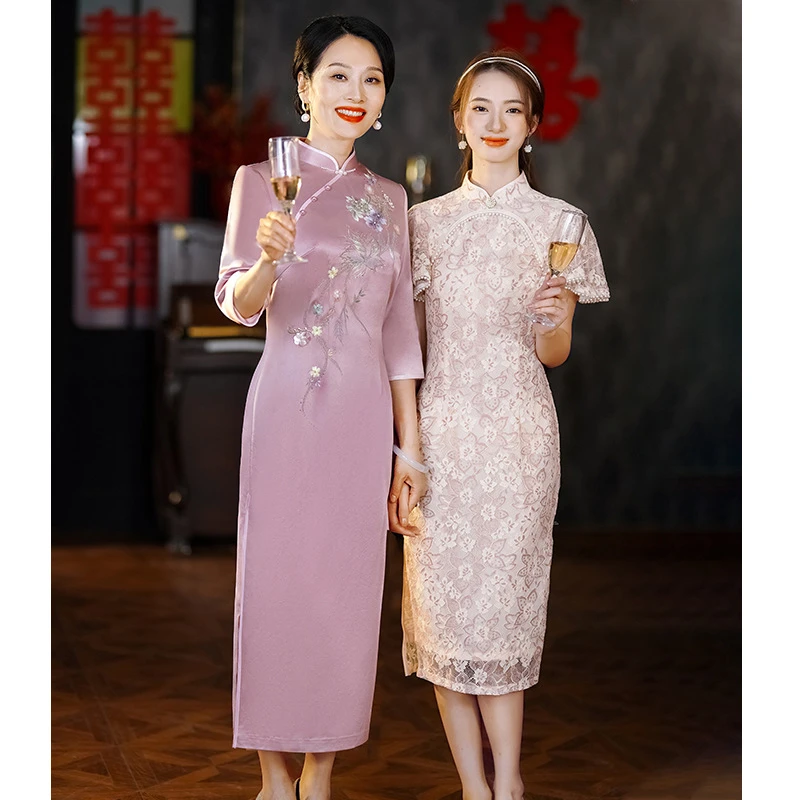 高端妈妈婚宴礼服2025春季新款醋酸刺绣喜婆婆婚宴旗袍年轻23D07