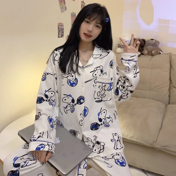 睡衣女长袖长裤纯棉可爱休闲小狗家居服青年可外穿春秋季套装新款