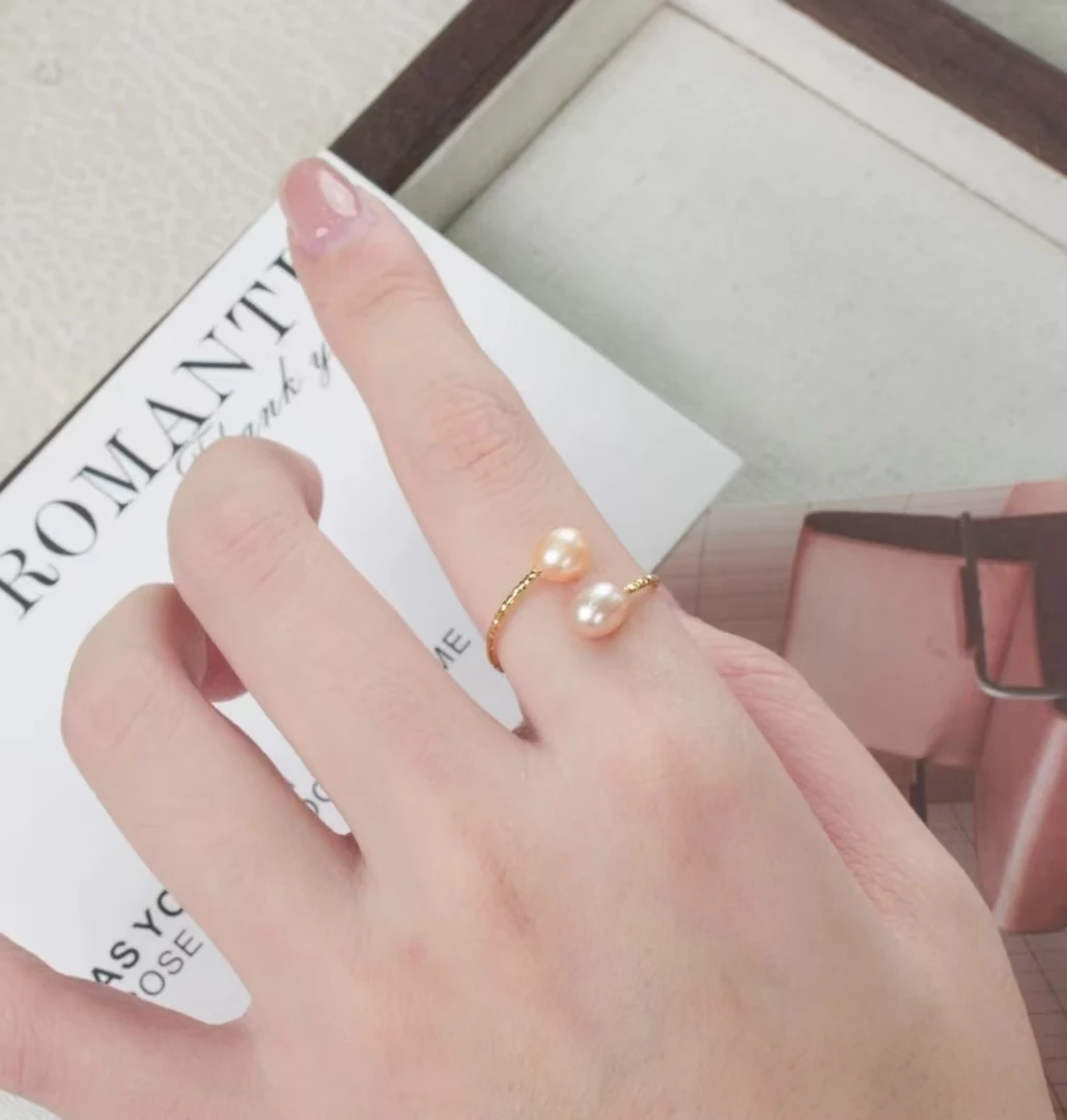 【特价】5-6mm天然淡水珍珠双珠戒指彩色戒指时尚百搭款新人款