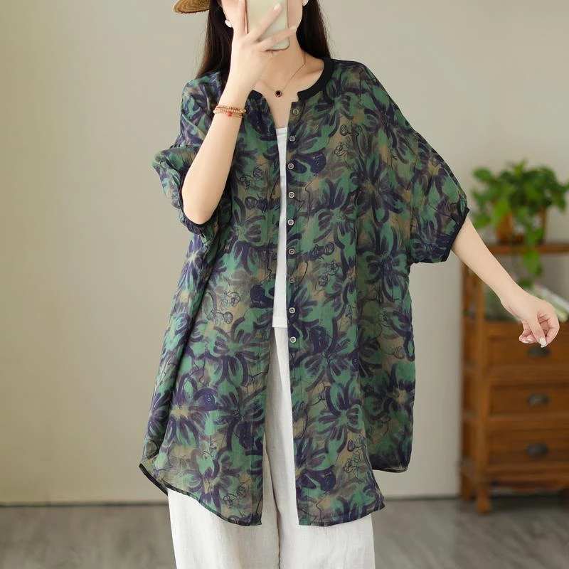 哥弟阿玛施正品外贸出口大牌剪标中长款轻薄印花苎麻衬衫外套女夏