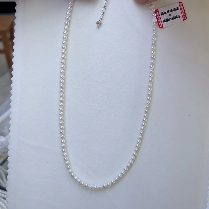 淡水珍珠银S925镶嵌项链3-4近正圆项链
