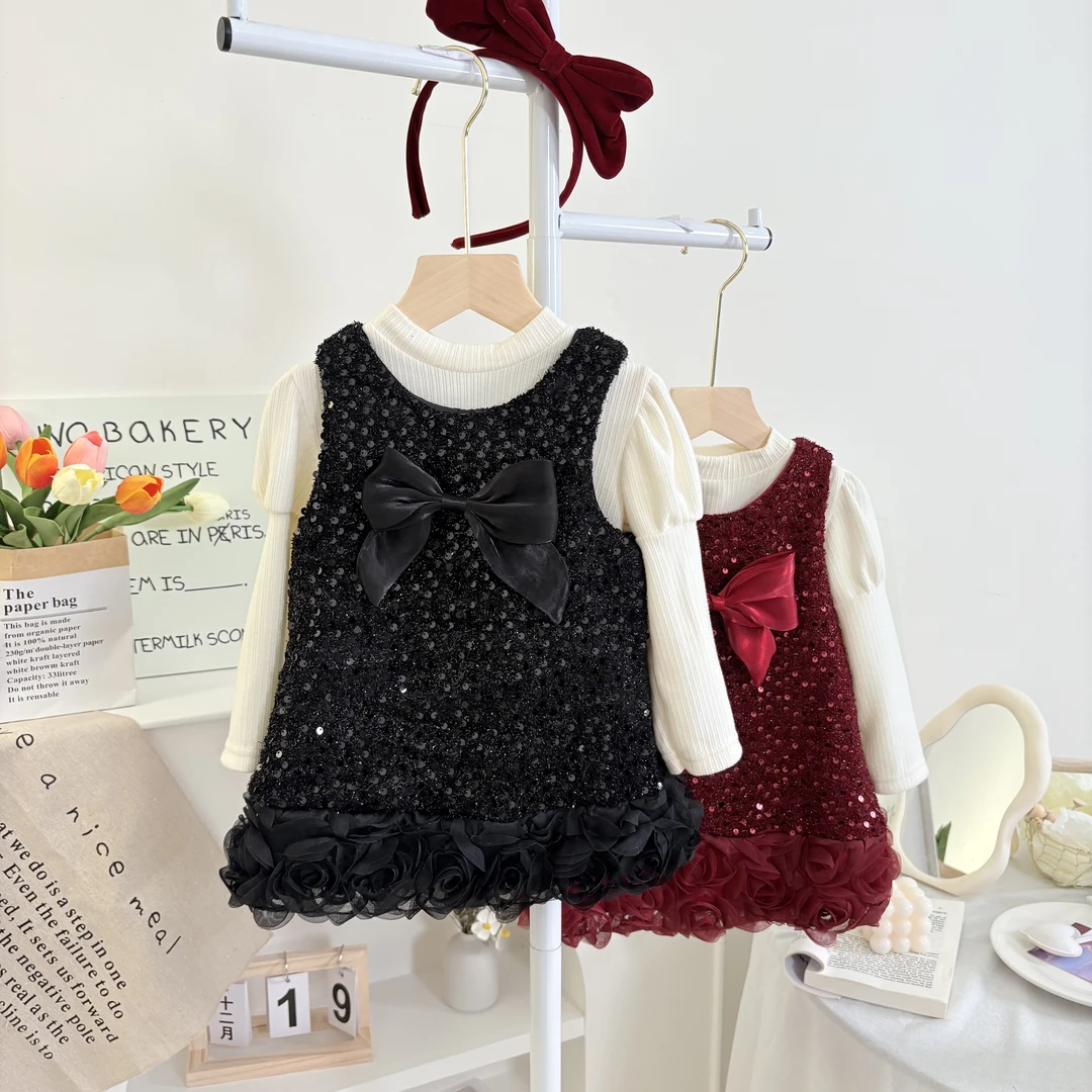 【NO退NO换】女童春秋款生日周岁礼服裙高级感黑色亮片背心裙两件套