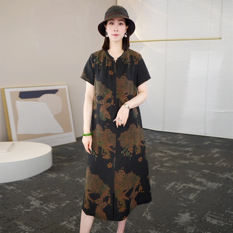 2025夏季时尚浪漫大牌杭州真丝香云纱连衣裙女气质妈妈桑蚕丝裙子