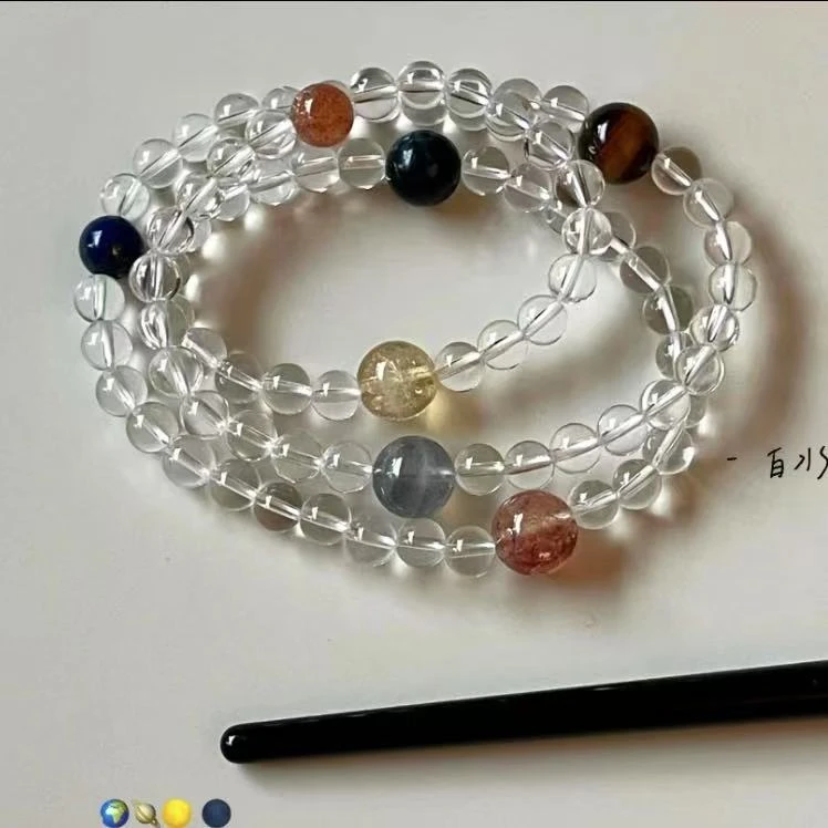 天然透体微棉白水晶三圈手链证书礼盒