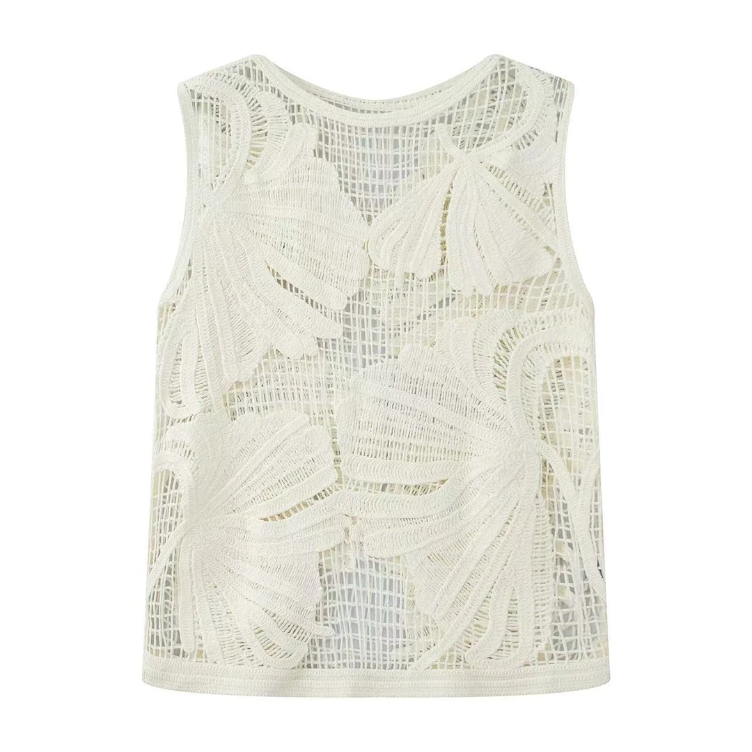 艾家商场同款女装2025定制镂空纯色毛针织衫宽松提花无袖气质5021