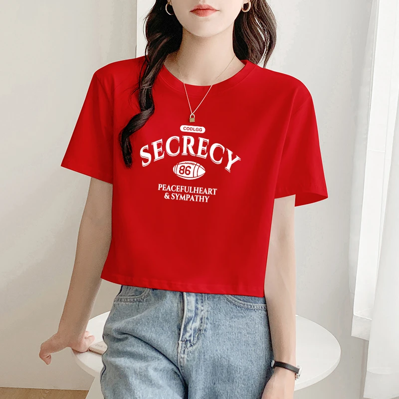 红色短款t恤女夏短袖宽松高腰露脐体恤2025新款高腰纯棉百搭上衣