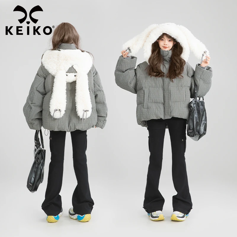 KEIKO [可拆兔耳朵帽]立体绉布灰色棉服冬季可爱连帽加厚面包服