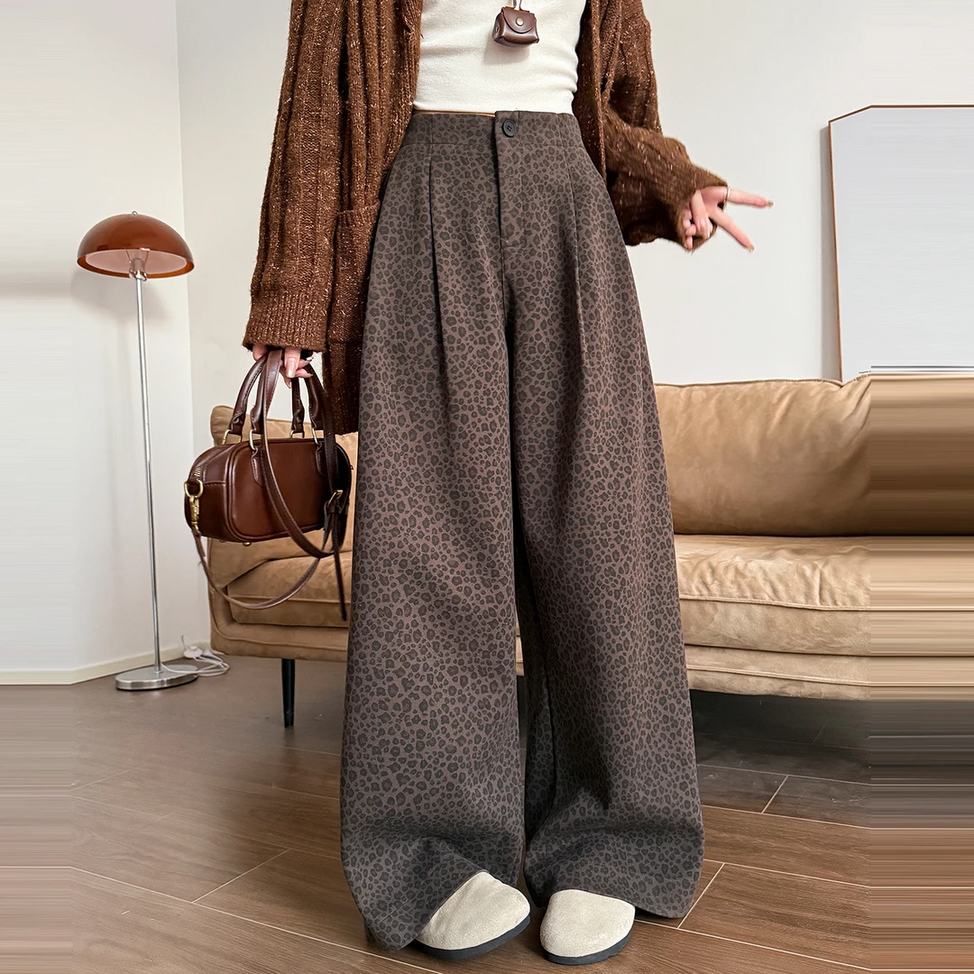 美式咖色豹纹毛呢阔腿裤女秋冬新款高级感垂感宽松直筒休闲拖地裤