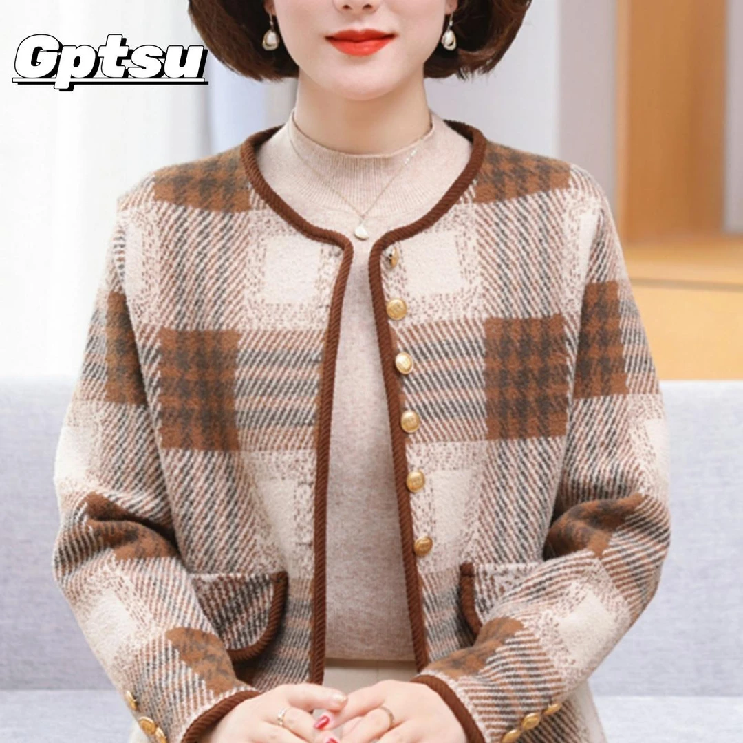 GPTSu妈妈春装新款针织外套短款中老年装春秋洋气小香风毛呢上衣
