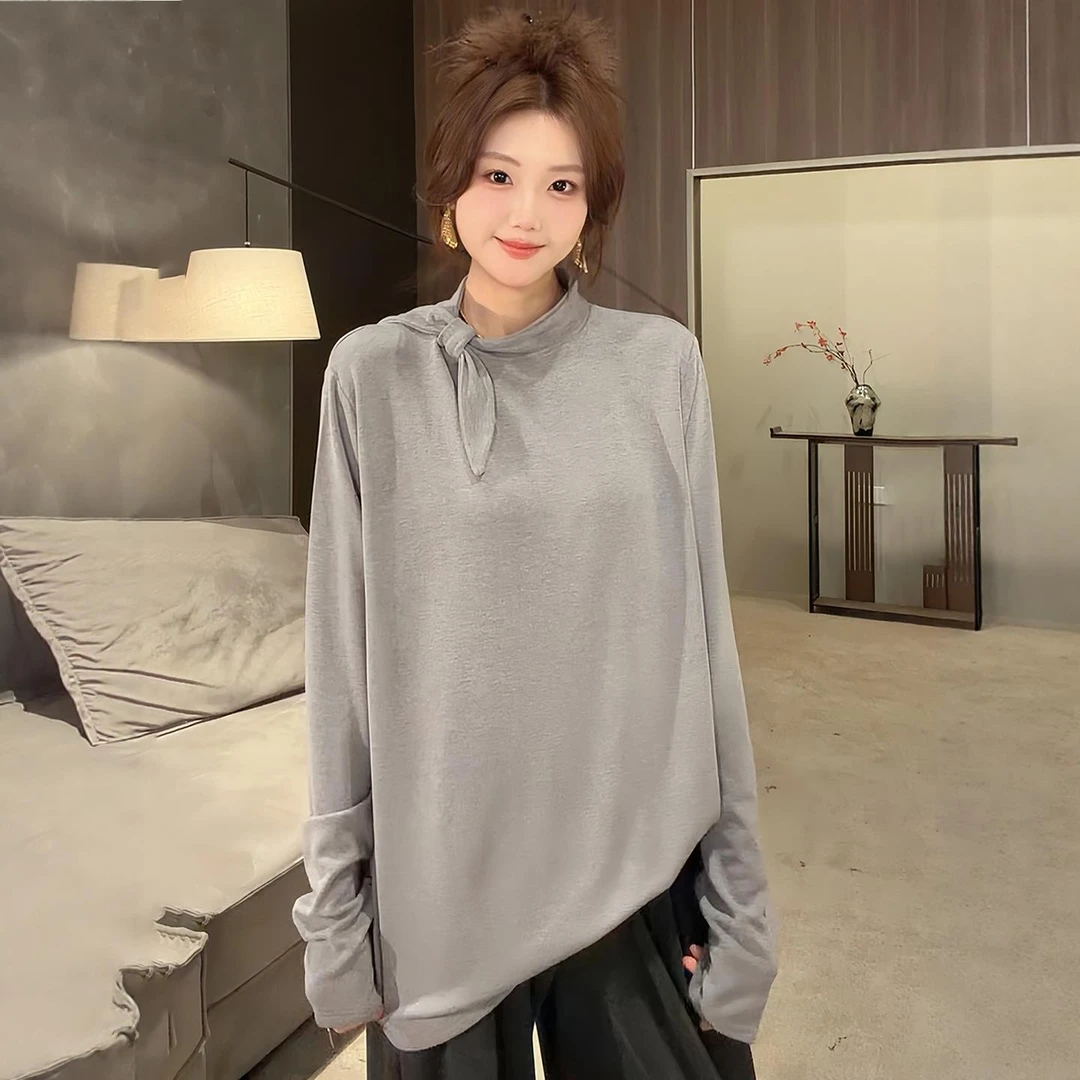 【蝴蝶结领】纯色慵懒风绒感磨毛高领宽松冬季长袖打底T恤休闲上衣