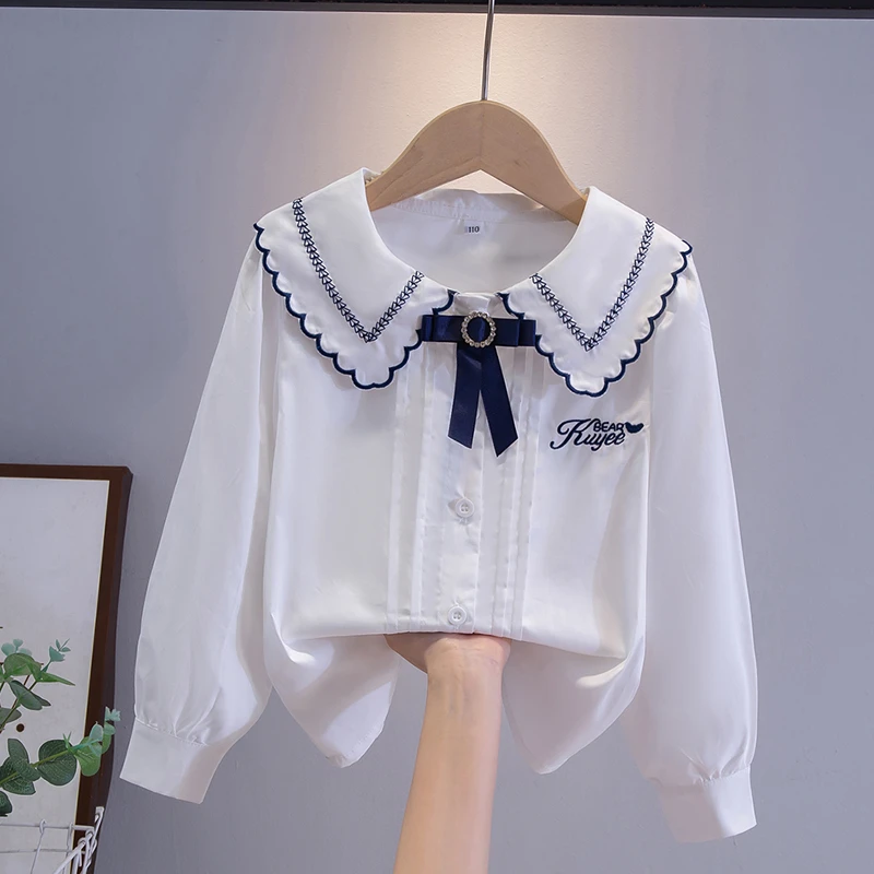 女童衬衫秋装长袖纯棉儿童学院风白色衬衣女孩学生翻领上衣春秋季