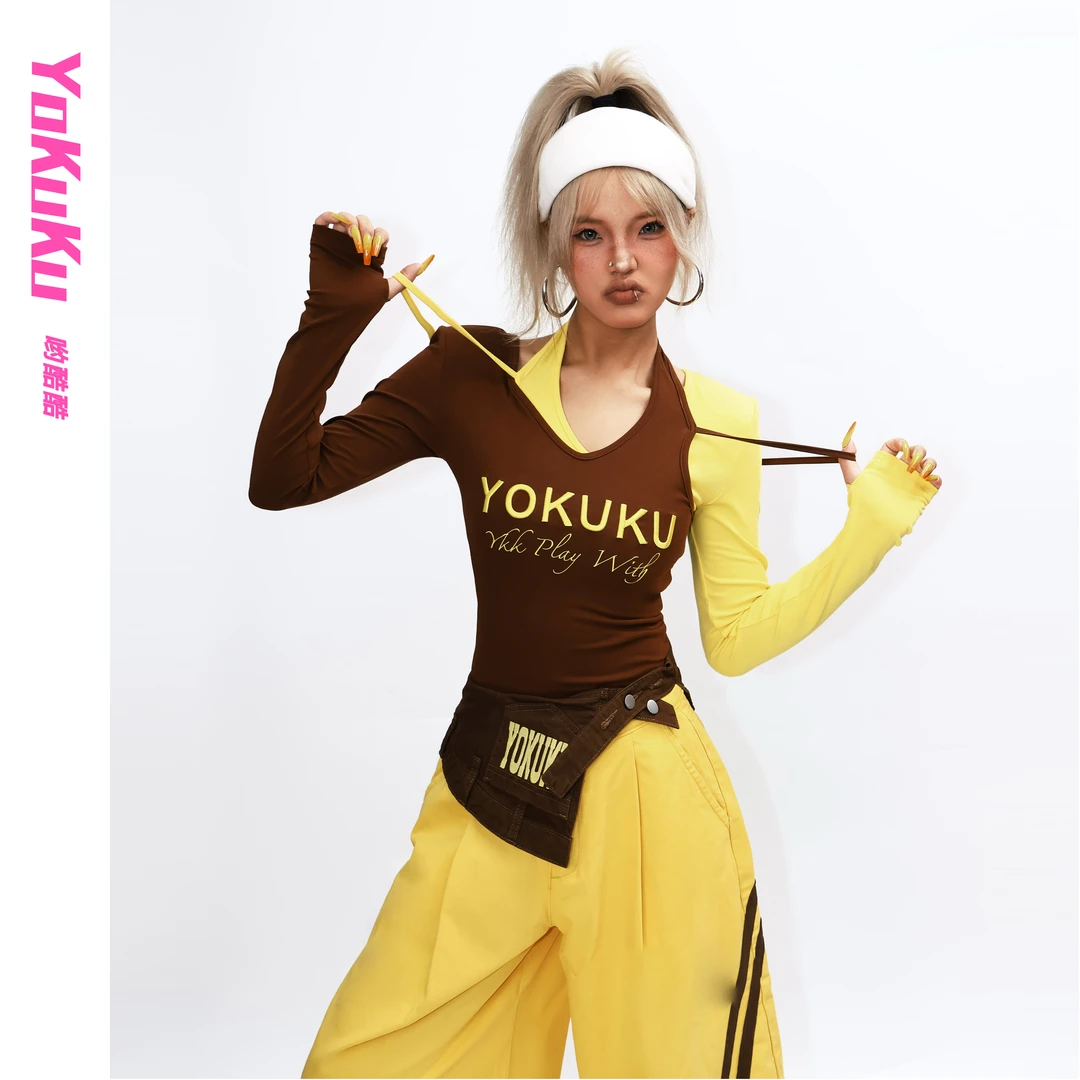 哟酷酷（自由小海盗）独立设计万针刺绣挂脖假两件长袖T恤打底上衣