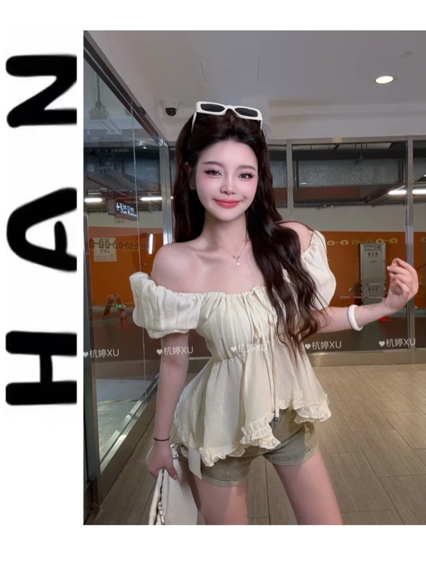 【晚风】夏季新款简约百搭蕾丝泡泡袖显瘦衬衫