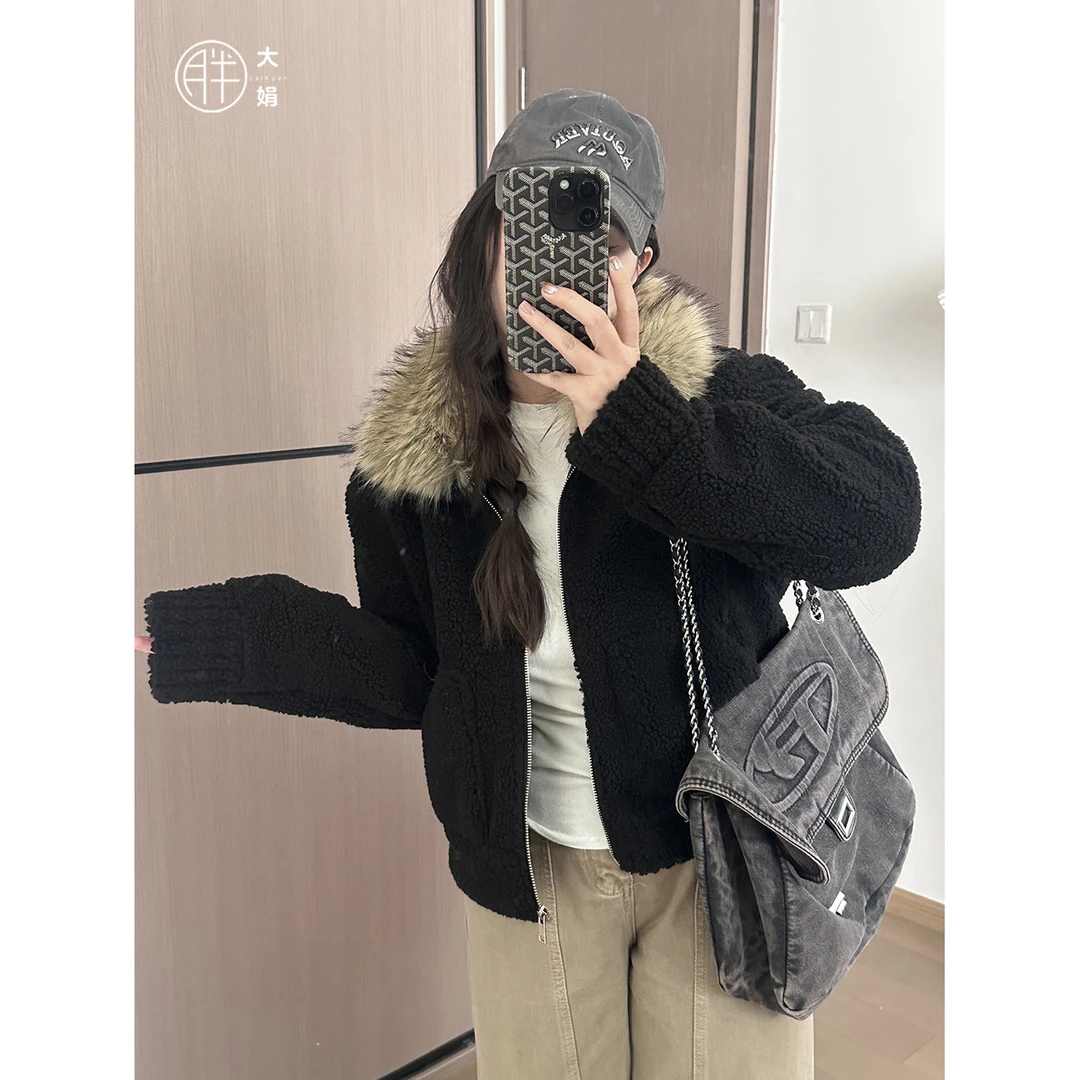 【绒绒黑巧】胖大娟秋冬复古黑色定颗粒糕糕外套慵懒休闲显瘦毛领