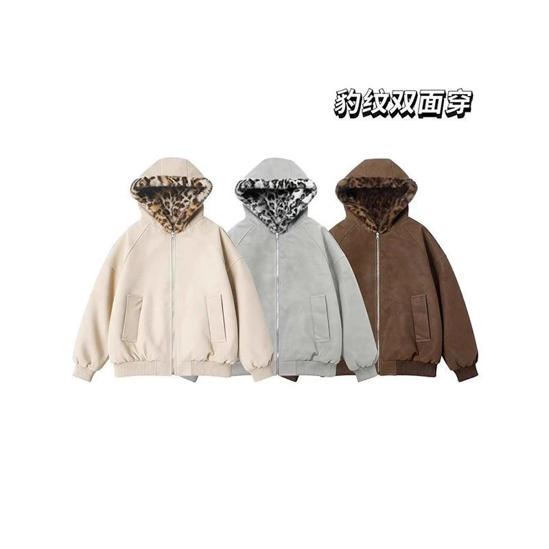 美式PU皮连帽座山雕棉服男女冬季加绒加厚棉衣豹纹双面穿情侣外套