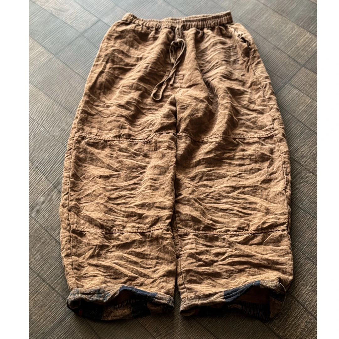 244高温水洗亚麻休闲阔腿拼接长裤松紧腰翻遍裤脚阔腿裤宽松百搭