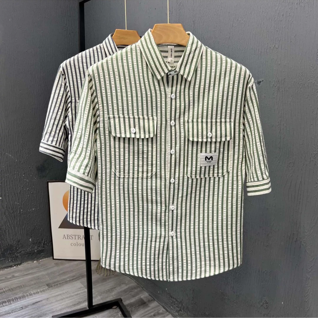 经典百搭条纹五分袖衬衫2025夏季中袖时尚上衣帅气休闲薄款潮流