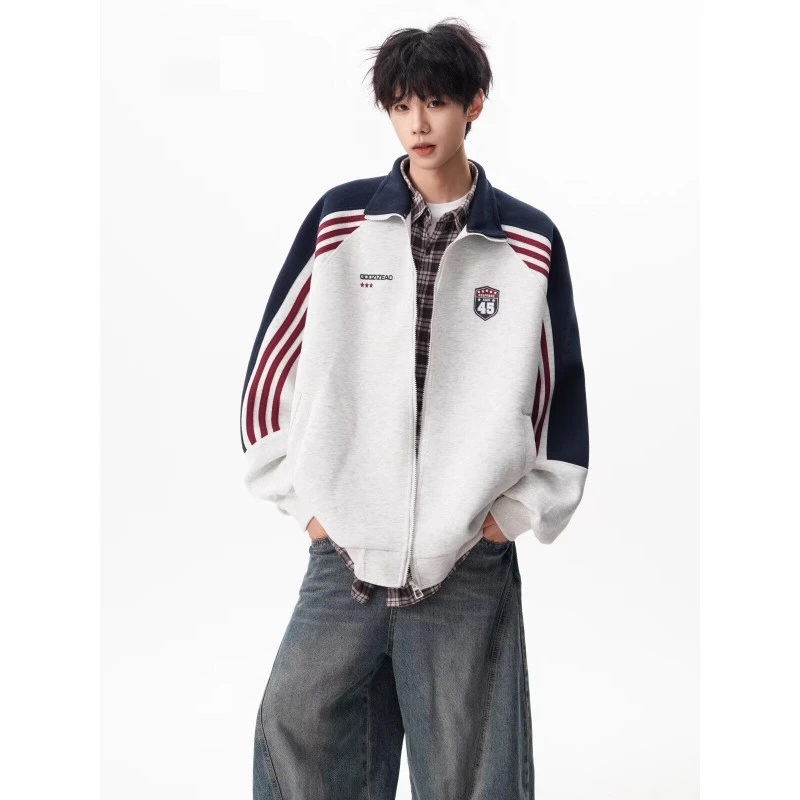 条纹运动开衫卫衣外套男秋季学院风插肩袖立领夹克美式复古上衣服