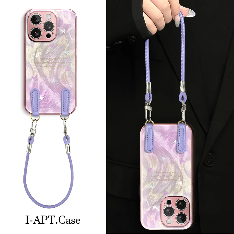 粉黄羽纱小蝴蝶水凝玻璃壳适用iPhone苹果16手机壳华为oppo小米vi