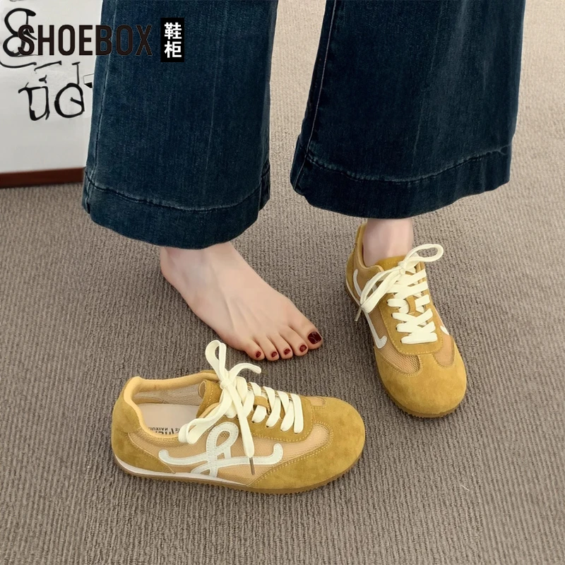 SHOEBOX鞋柜黄色复古阿甘鞋女2025夏季新款透气网面休闲德训鞋