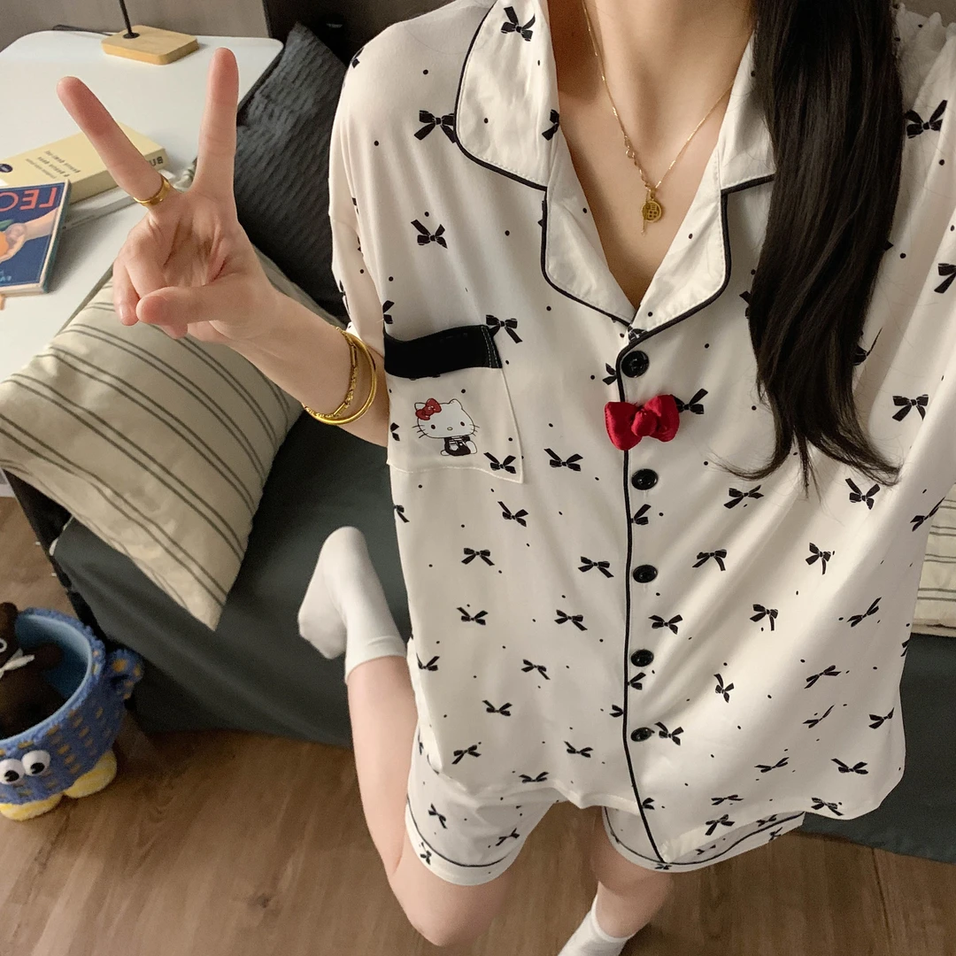 2025夏季HelloKitty可爱卡通睡衣女家居服新款大码甜美短袖三件套