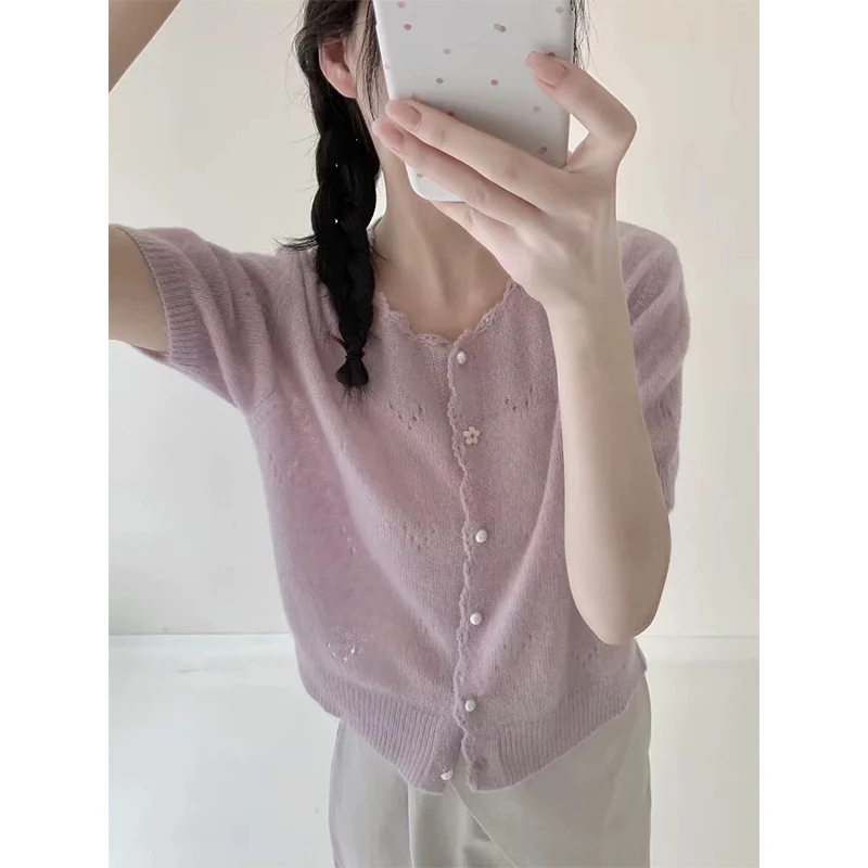 丹姐家~温柔风镂空圆领花边短袖针织开衫