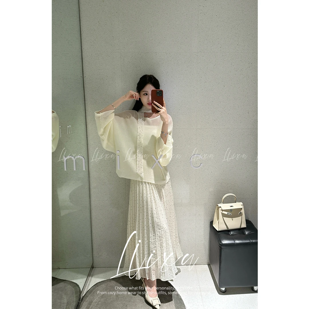 LiixuSP宽松套头蝙蝠袖针织衫搭蕾丝飘带波点半身裙三件套女