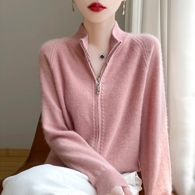 气质惊艳！加厚baby小山羊绒针织开衫女高领双拉链宽松双拉链外套