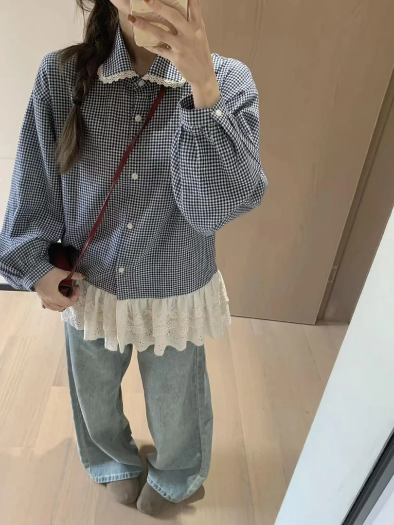 【全额运补】蓝色格子衬衫外套女早秋秋季蕾丝拼接小衫娃娃领上衣女