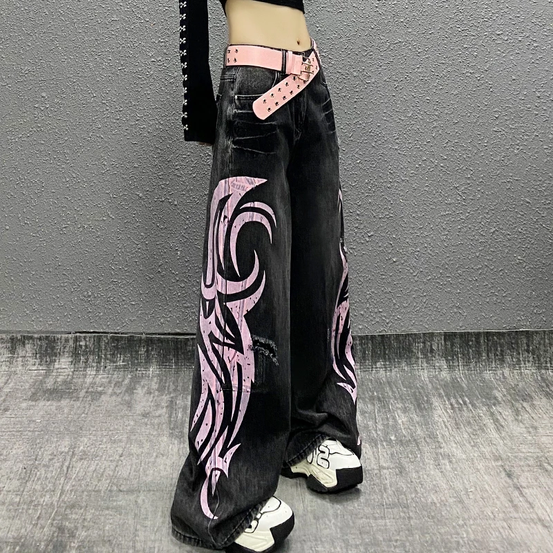 炫酷印花破洞垂感休闲牛仔裤女春新款高腰宽松显瘦百搭直筒阔腿裤