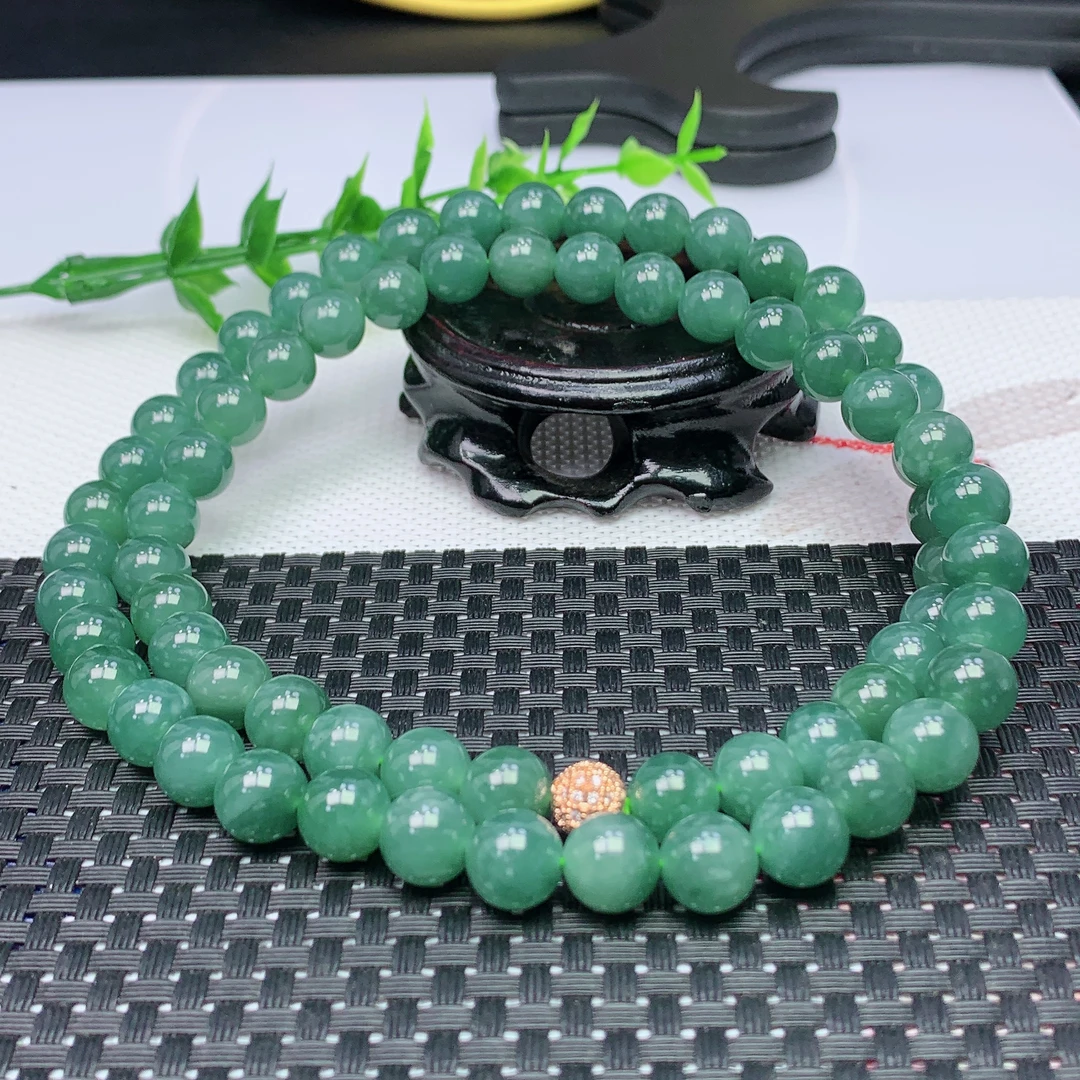 天然A货翡翠 蓝水圆珠项链 珠大9+mm 68颗