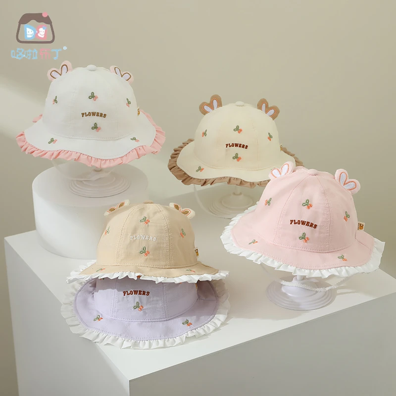 哆啦布丁DBC62673兔耳朵蝴蝶结盆帽女宝春夏薄款渔夫帽樱桃花边甜