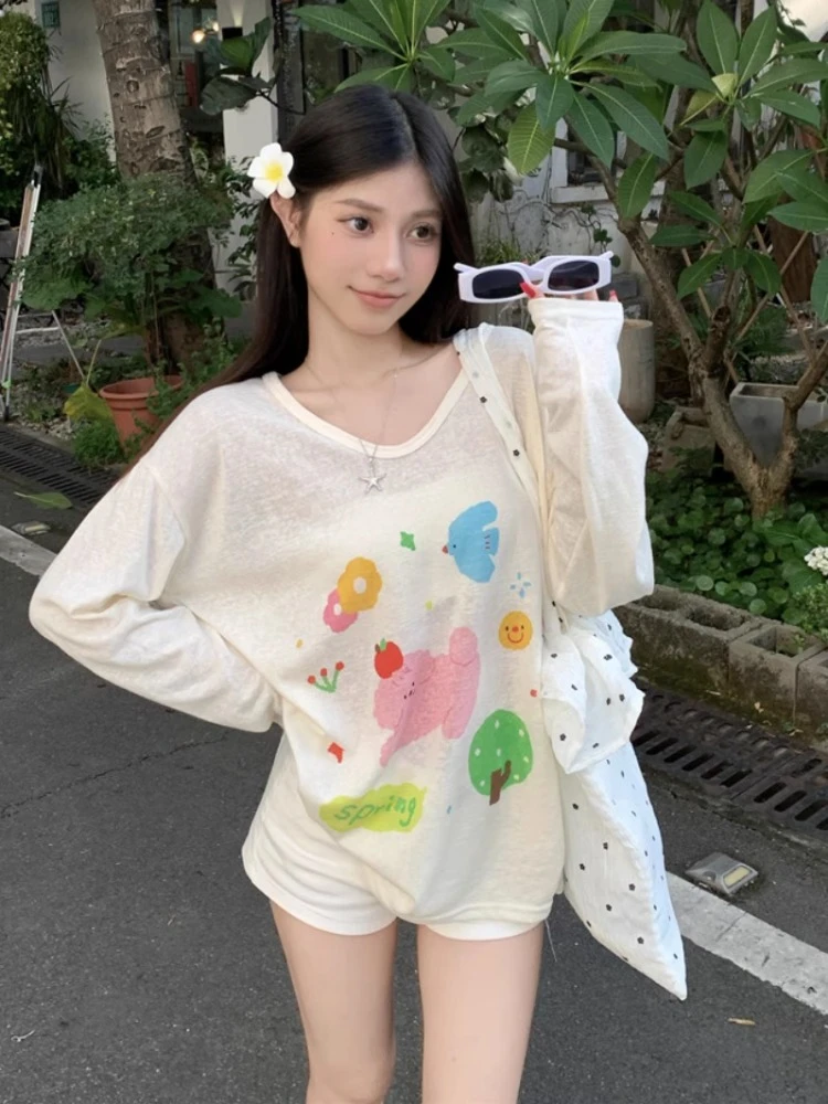 2025夏季新款可爱卡通小狗印花t恤女中长款宽松慵懒风防晒上衣