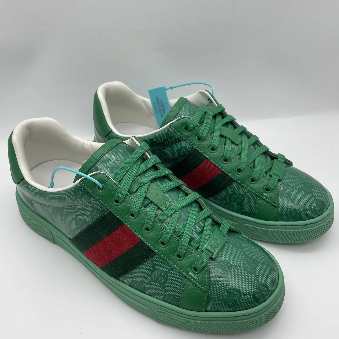 95新 GUCCI/古驰 41.5欧码/绿色双G老花皮面休闲时尚板鞋