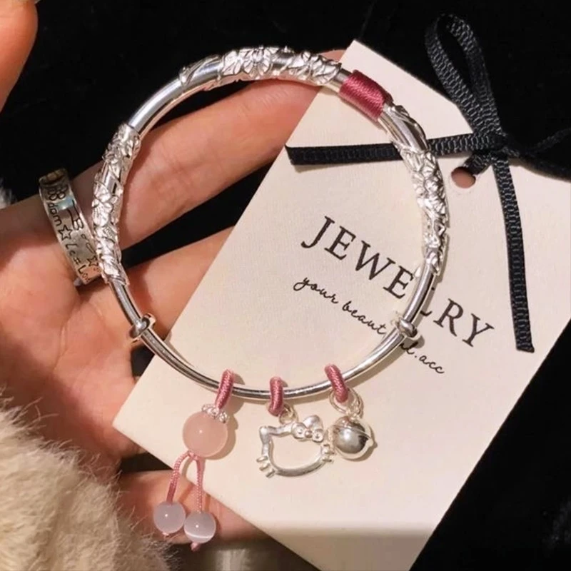 足银手镯 繁花Kitty猫999纯银推拉手镯女520情人节送女友闺蜜礼物