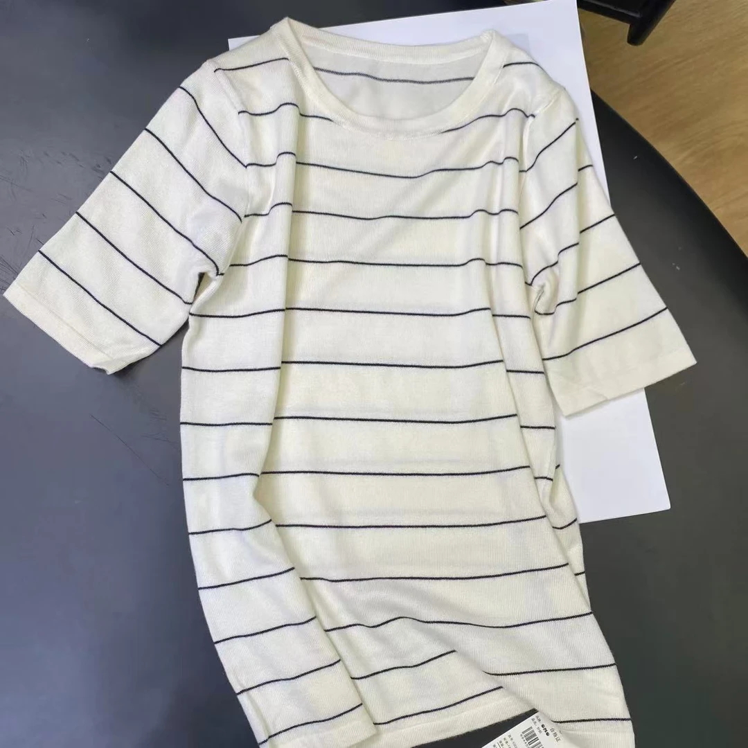 法式气质休闲通勤时尚百搭圆领针织条纹针织短袖H6377