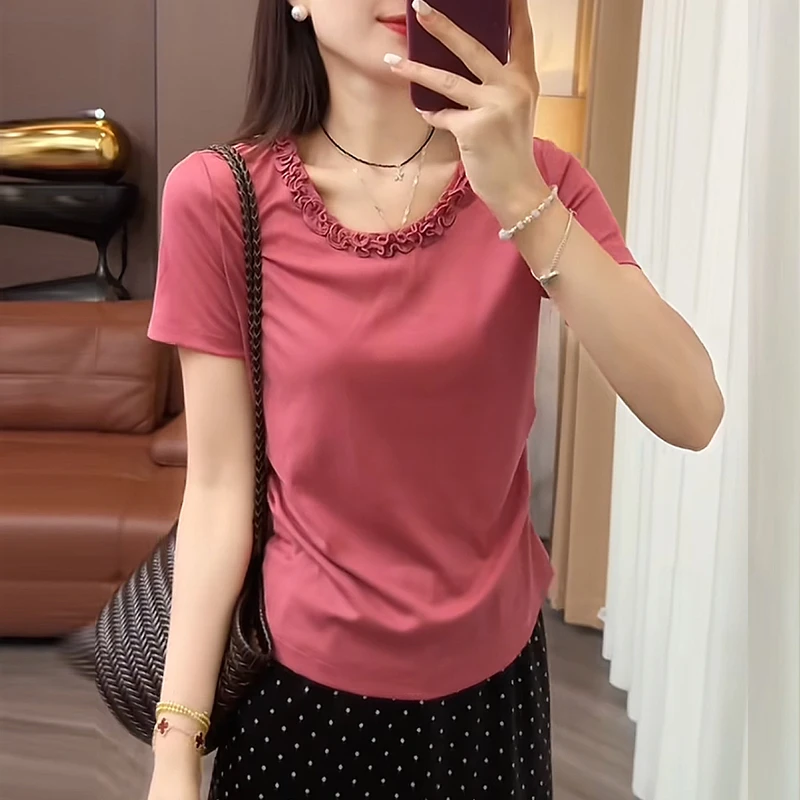 法式高级感粉色正肩圆领短袖T恤女夏季新款时髦洋气百搭显瘦上衣
