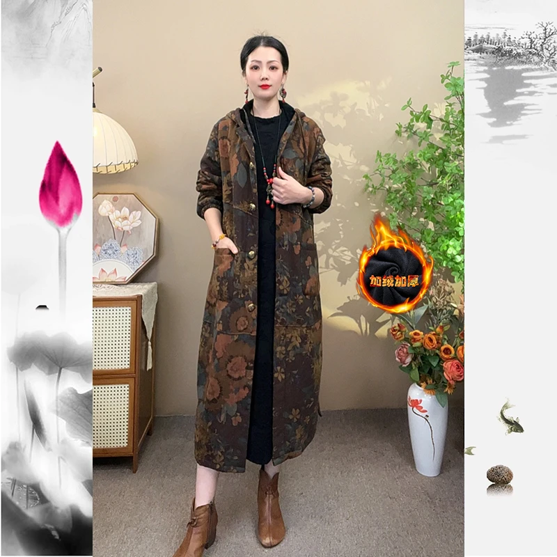 冬季女装加绒加厚保暖长款风衣时尚复古宽松气质百搭连帽外套