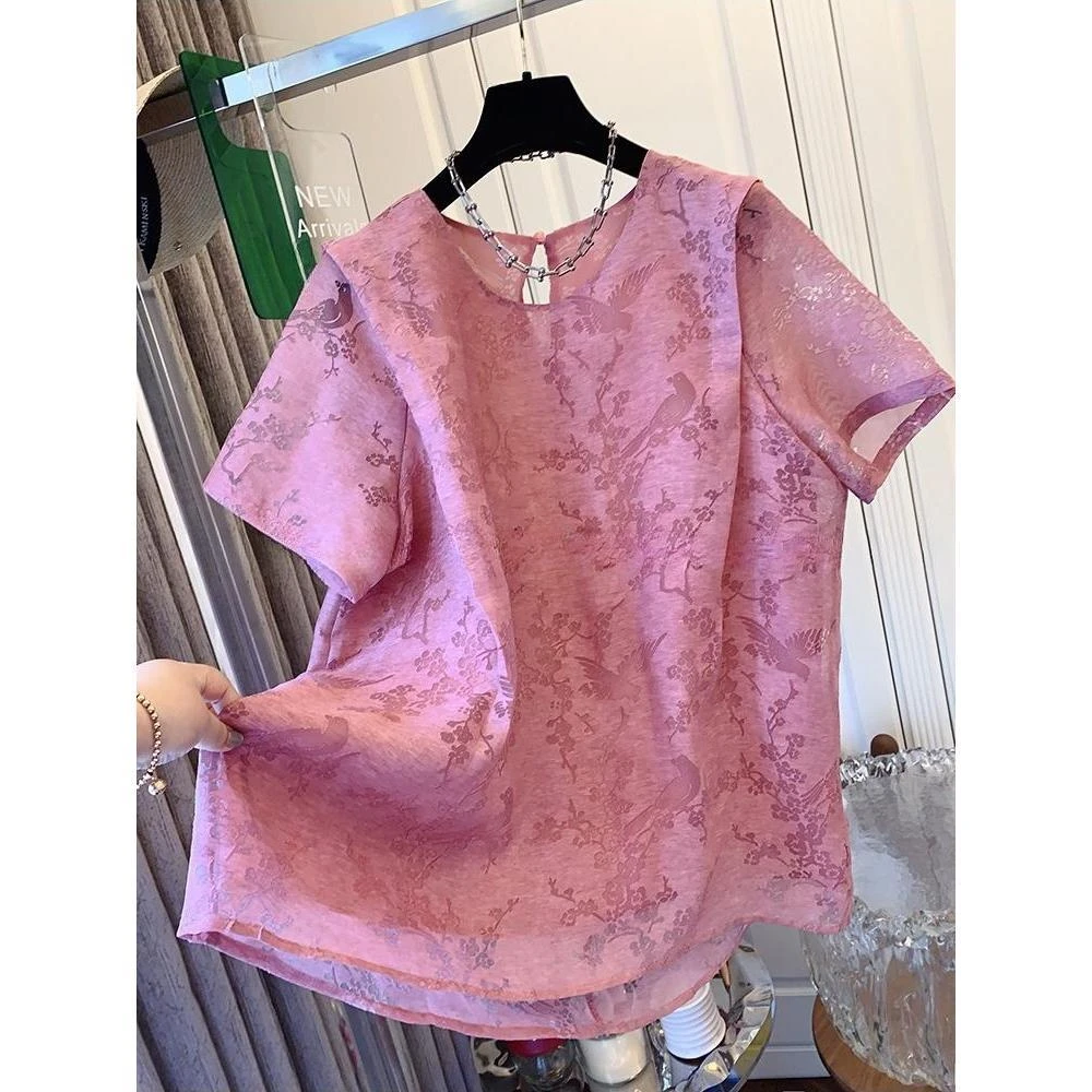 设计高级感绝美新中式气质短袖衬衫宽松上衣夏季新款恤女装