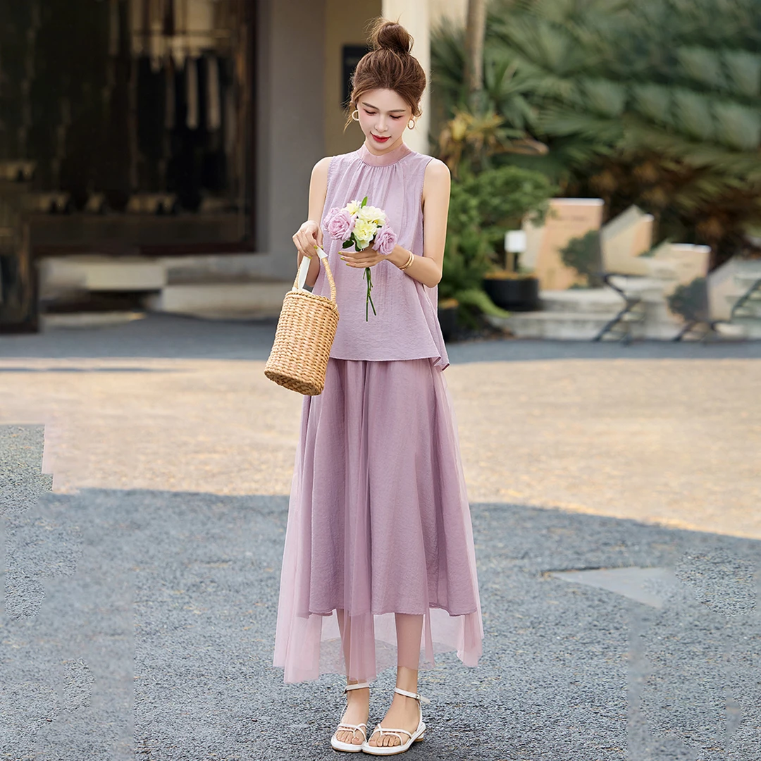 蝴蝶结无袖上衣两件套网纱半身裙2025夏季新款女装优雅紫色多巴安