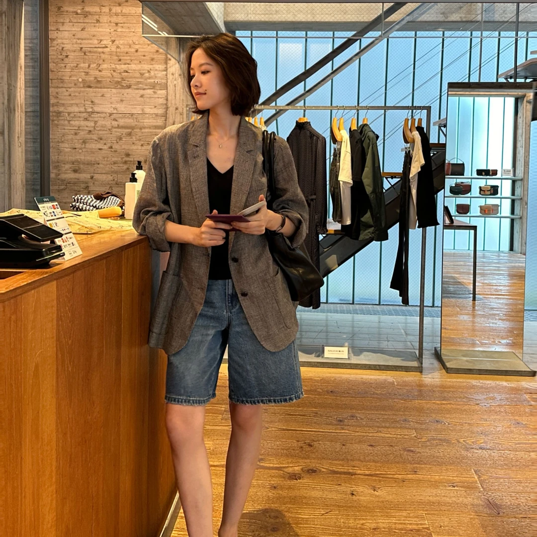 DE Mincollection千鸟格外套/春夏纯亚麻单扣千鸟格西装外套52472