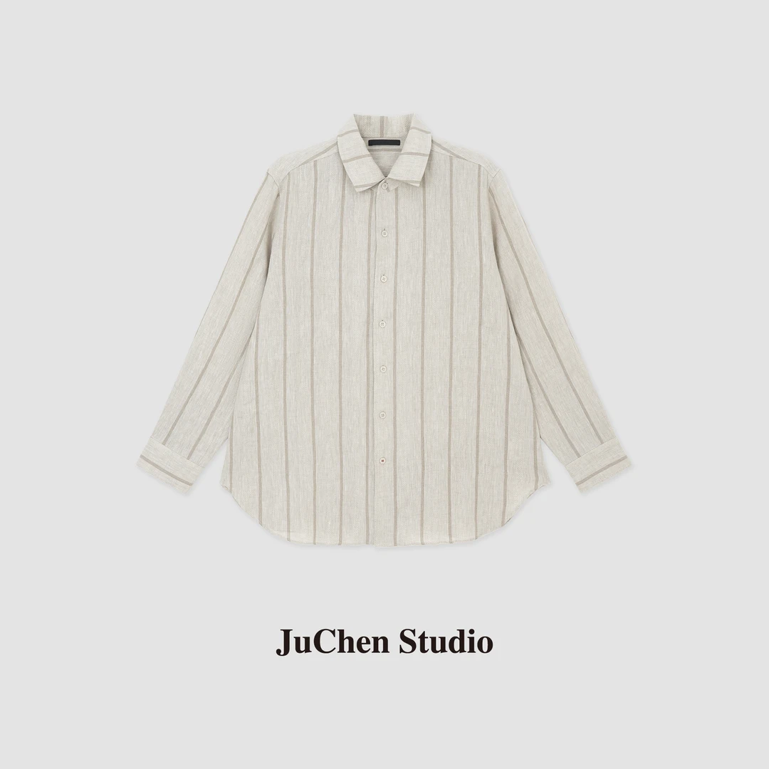 “笔记”意奢亚麻透气 老钱竖条纹廓形翻领衬衫 SS25998-158