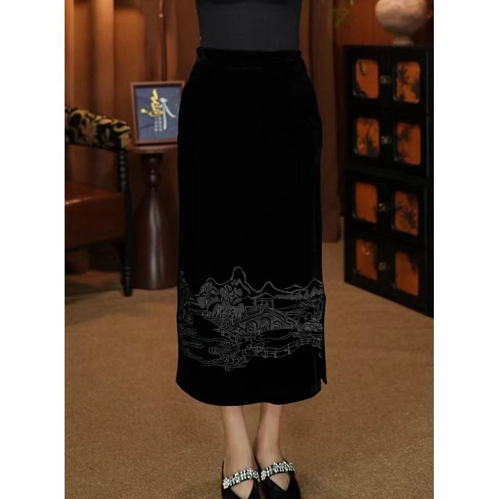 【东方紫韵】新款加绒加厚烧花刺绣高腰半身裙时尚中国风复古减龄