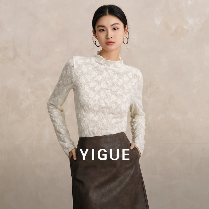 【艾美专属】亦谷蕾丝半高领t恤新款微透独特漂亮别致上衣G5WAT347