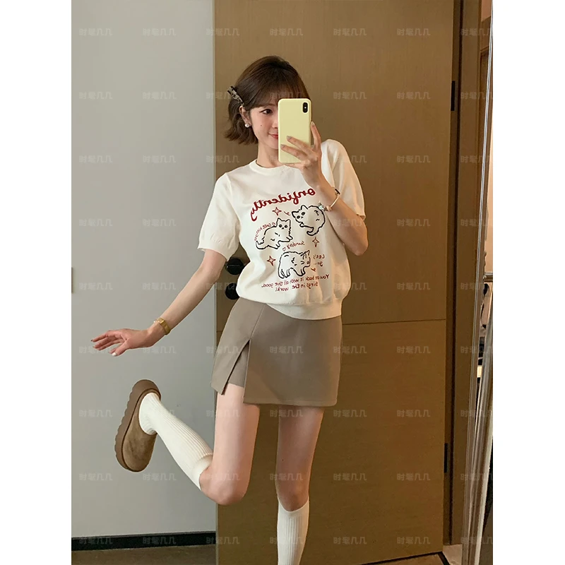2025韩系新款猫咪印花短袖针织T恤显瘦百搭上衣
