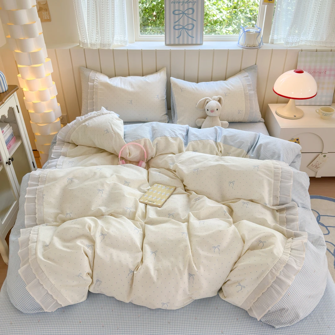 本季-ins小清新花边款100%全棉床上四件套卡通印花纯棉宿舍三件套