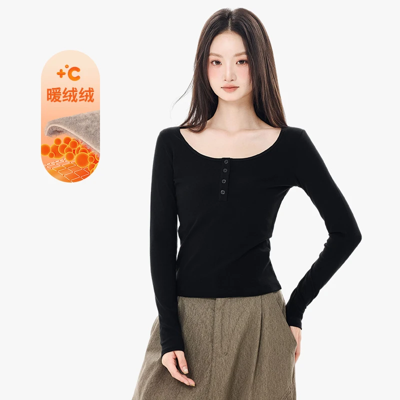 秋冬新款纯色保暖正肩长袖t恤女休闲简约亨利领显瘦内搭打底衫女