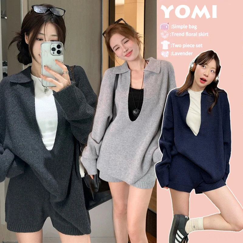 孕妇装2025秋冬新款松弛感大V领毛衣配针织调节带短裤居家套装